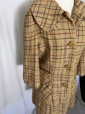 Tulle Pea Coat Jacket Yellow plaid  Tweed wool blend 3/4 Sleeve large